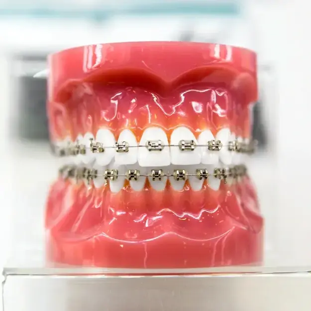 Dental model displaying upper and lower teeth with traditional metal braces and brackets.