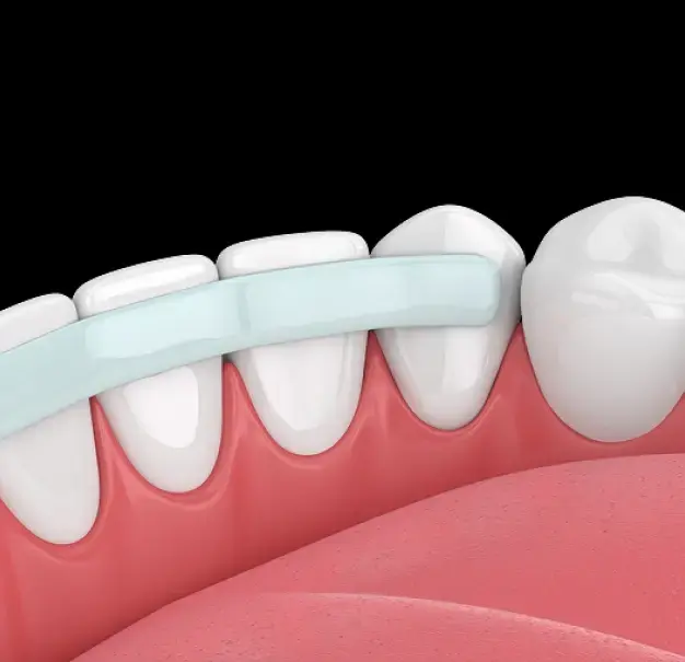 Illustration of dental floss gliding along healthy white teeth and pink gums.