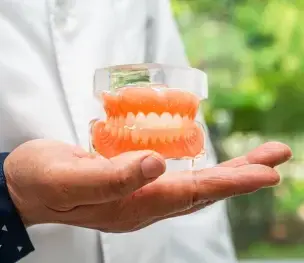 Dentist holding full denture model showing replacement teeth in Sugar Land.