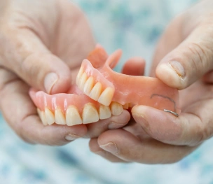 Partial dentures replacing several missing teeth.
